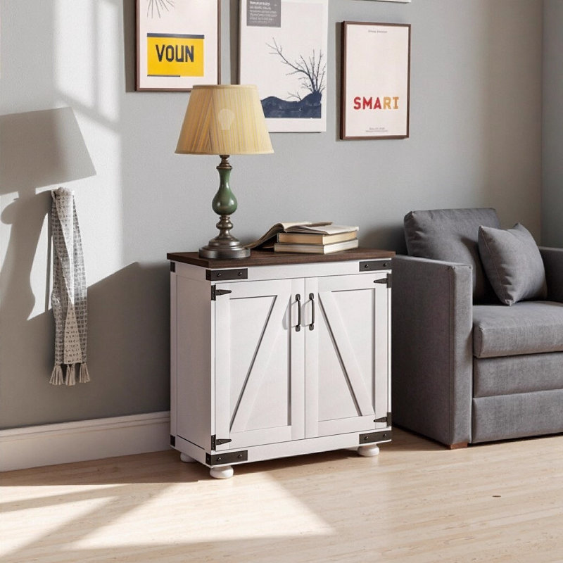 Modern Farmhouse Sideboard Buffet Cabinet with Barn Style Door Adjustable Shelf Wood Legs Distressed White and Brown Kitchen Storage Cabinet