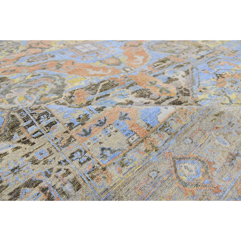 Hand Knotted Oriental Area Rug in Blue/Rust/Brown, Rectangle 9' x 12'