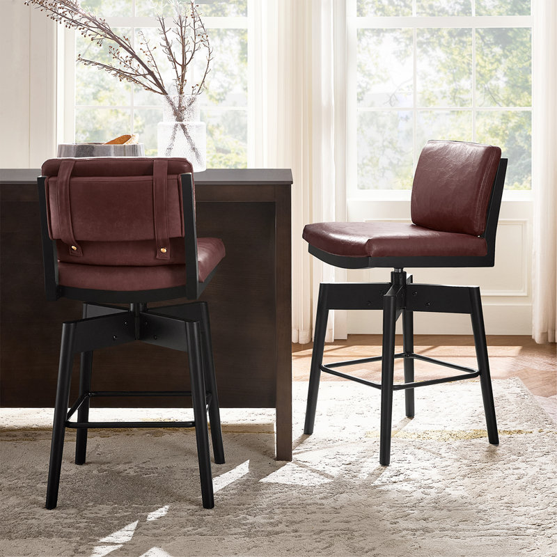 Tabouret de bar rotatif en simili cuir Lafrance avec coussin de dossier amovible et pieds en bois massif (ensemble de 2)