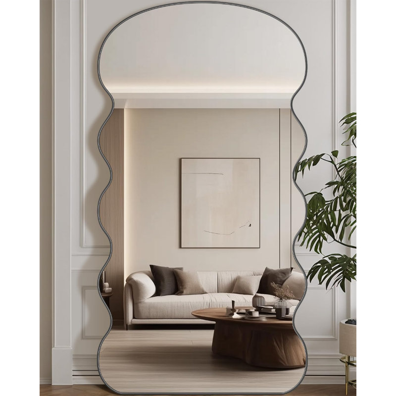 Miroir pleine longueur ondulé, 76 po x 34 po, autoportant ou mural, miroir moderne avec support, pour chambre à coucher, salon ou vestiaire