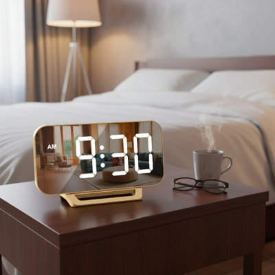 Réveil miroir doré à miroir numérique, gradateur à 6 niveaux, batterie de secours enfichable à décor multi-scène