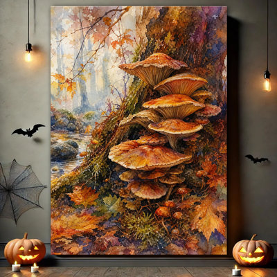 Watercolor Forest Mushrooms And Autumn Foliage By Stream, Warm Fall Nature Artwork, Canvas Wall Art