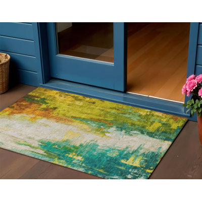 3' X 5' Green And Gold Abstract Washable Indoor Outdoor Area Rug