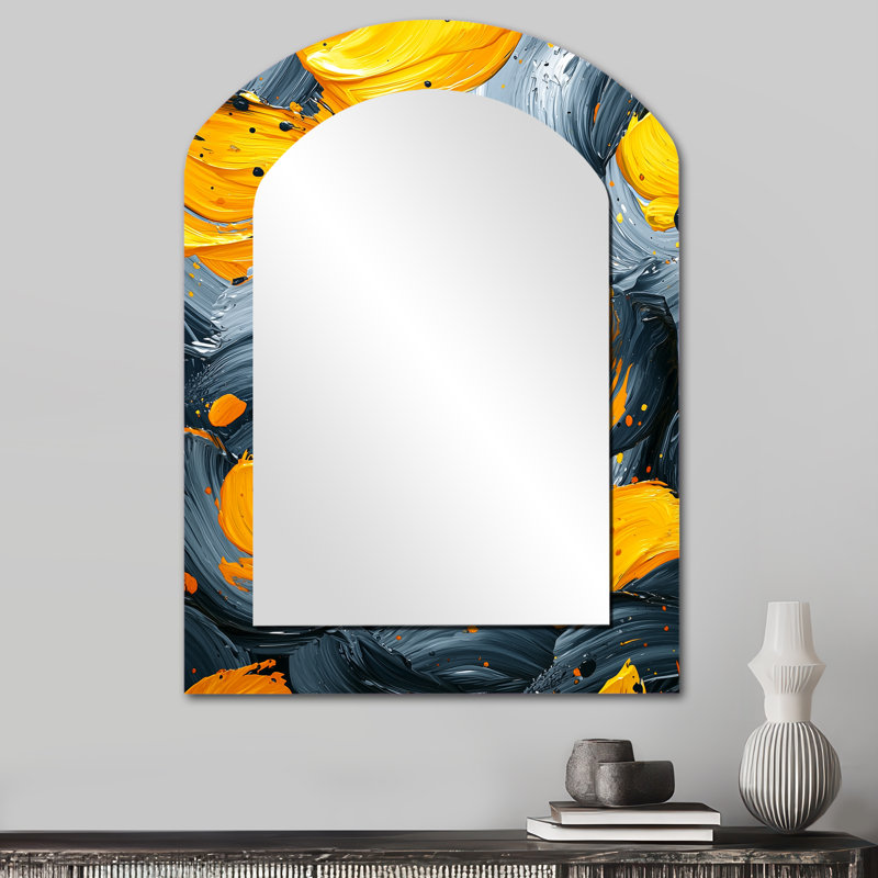 Encre jaune et gris Dream Fragments I - miroir mural asymétrique unique fauvisme, 34 po x 25 po