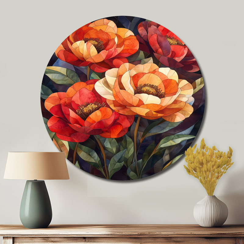 Pivoines en sculpture abstraite - pivoines rondes, décoration murale en métal traditionnelle rouge, H 16 po x l 16 po