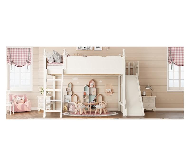 Grand lit mezzanine avec glissoire, tablettes de rangement et garde-robe - lit en bois massif pour enfants