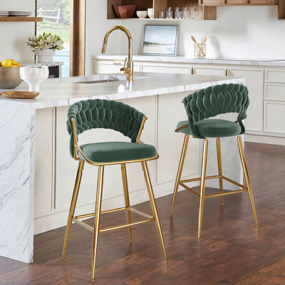 Tabouret de comptoir moderne en velours de 25,2 pouces avec accents dorés, conception ergonomique et siège moelleux pour îlot de cuisine et bar