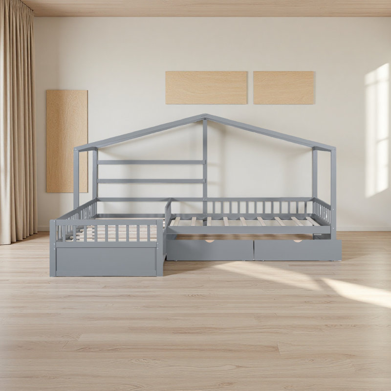 Lit plateforme simple avec trois tiroirs de rangement, Gris