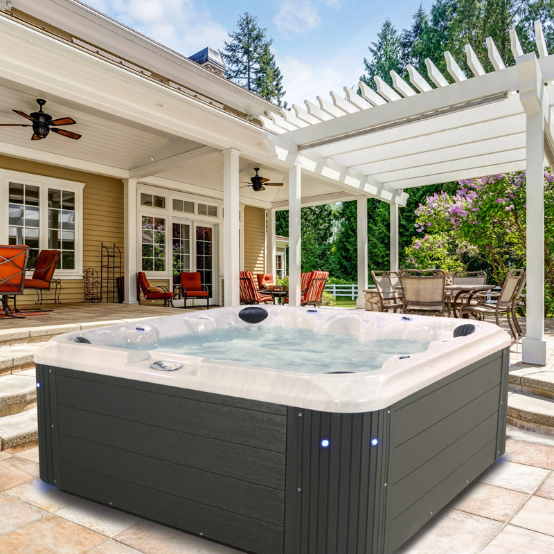 Grand Banks™ 6-Person 81-Jet Non-Lounger Hot Tub Spa with 3 Pumps, LED Lighting, Ozonator and Steps, Gray