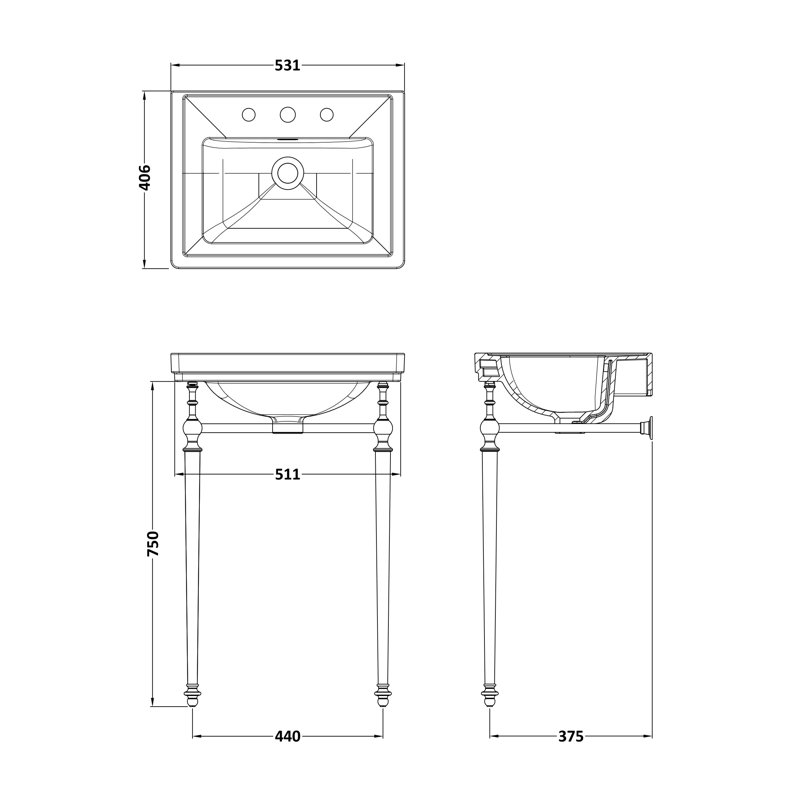 Nuie Classique 531mm L x 406mm W White/Chrome Fireclay Rectangular Sink with Overflow