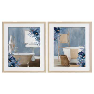 Bathroom Blues Floral Interior 2pc Framed Print Under Glass Set, design by Kim Allen