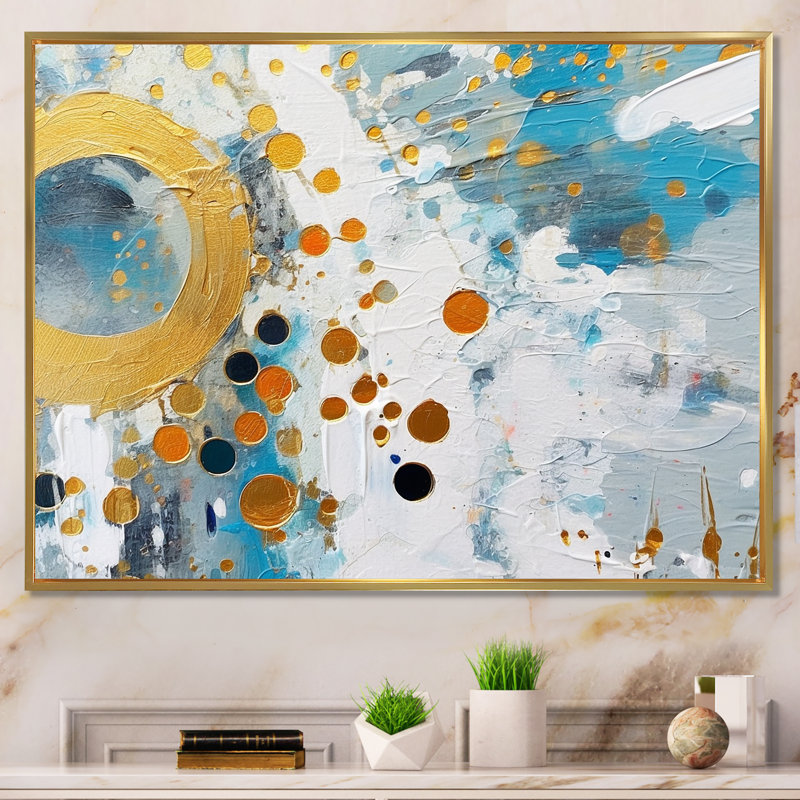 Combat abstrait sur toile bleu sarcelle et doré, H 34 po x l 44 po x P 1,5 po, Cadre flottant doré