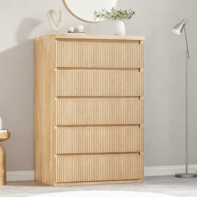 Modern 5-Drawer Vertical Storage Dresser with Textured Drawers and Compact Narrow Fit, Ivory