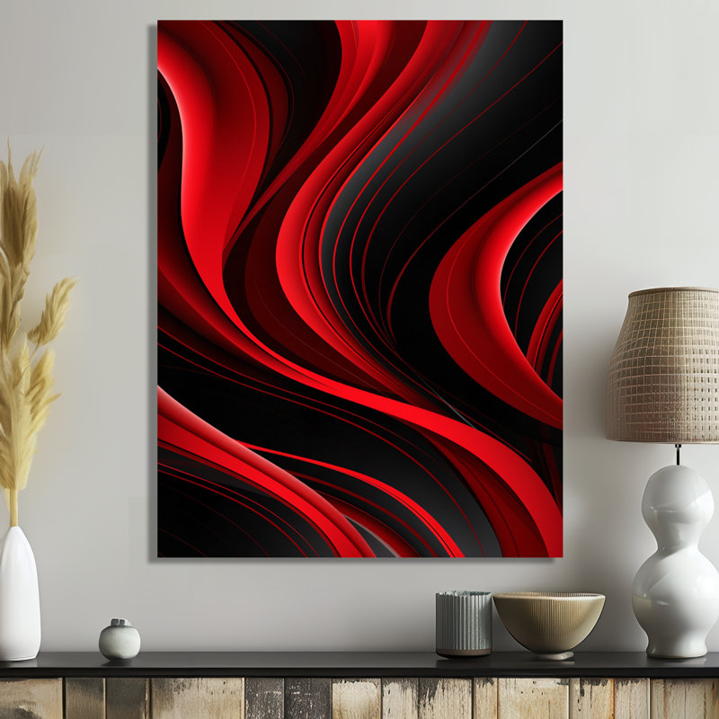 «Happy Streams Minimal Red Black - Abstract Modern Waves», art mural salon, Toile tendue, H 32 po x l 16 po x P 1 po