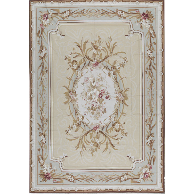 Tapis beige et vert clair noué à la main de haute qualité