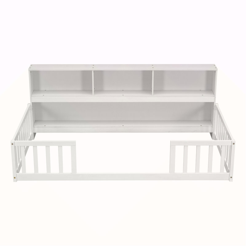 Lit simple au sol avec bibliothèque de chevet, tablettes, garde-corps, blanc, 31.3" H x 48.3" W x 78.2" D, White