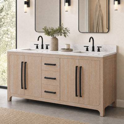 Meuble-lavabo double rectangulaire Perris de 183 cm (72 po) avec comptoir en marbre blanc de Carrare reconstitué couleur caramel latte et quincaillerie noire mate