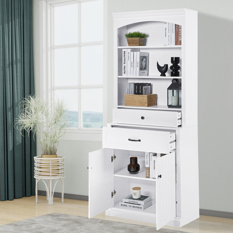 Armoire de rangement pour salle de bain avec 2 portes, tiroirs, tablette réglable et 3 tablettes ouvertes