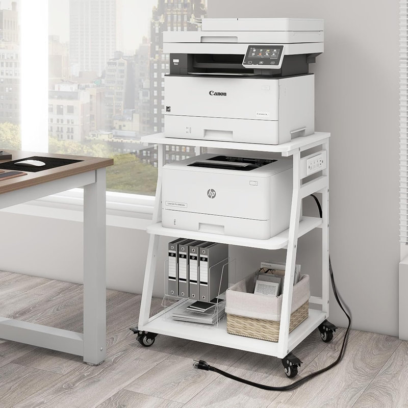Grand bureau pour imprimante 23,6 po x 19,7 po x 29,5 po avec tablette de rangement réglable et station de charge, Blanc