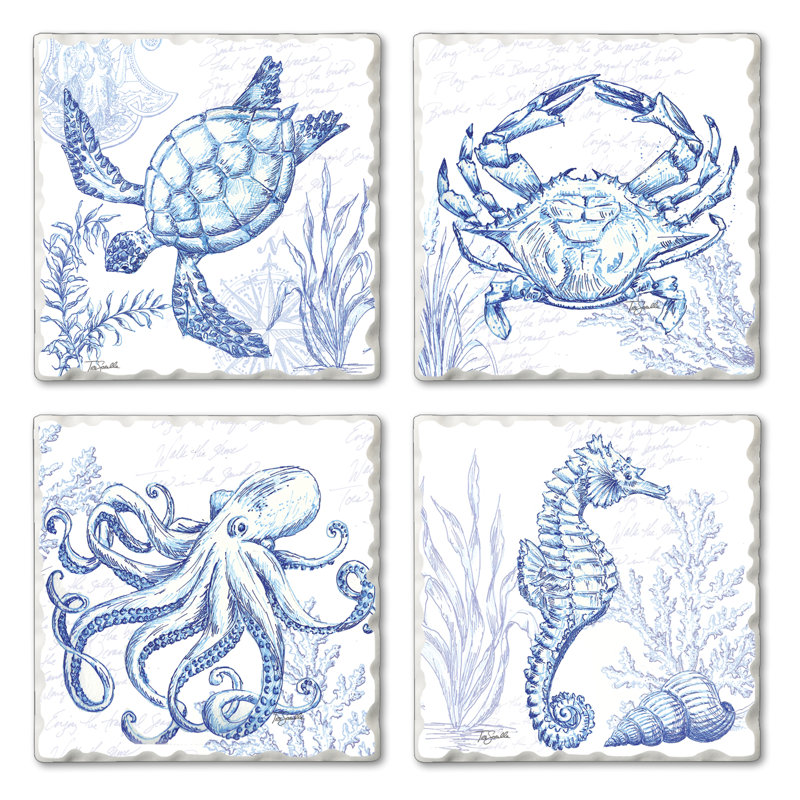 Coastal Sketch 4-Pack Assorted Tumbled Tile Coasters