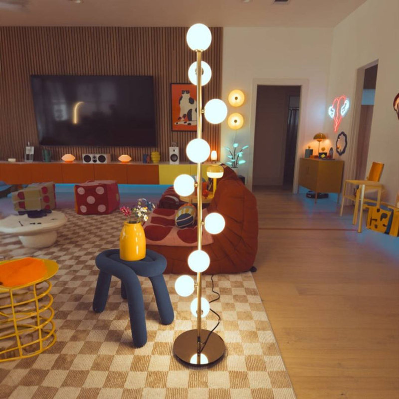 Pearl Floor Lamp with Glass Pearl Domes | Modern Zig Zag LED G9 Light in Gold Finish