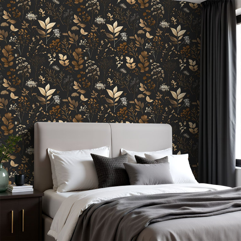 Papier peint adhésif bohème Boho Farmhouse Elegant Botanical Gold, 117.96" L x 23.6" W
