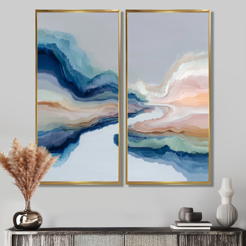 «White Blue River Fragments - Encre liquide, art mural, impression abstraite sur toile blanche 2 pièces, H 32 po x l 32 po