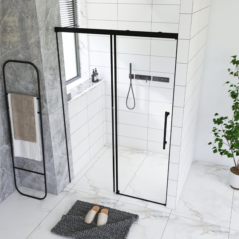 48" W × 72" H Single Sliding Shower Door,5Mm Fixed Glass And 6Mm Sliding Glass Frameless , Clear Tempered Glass, Stainless Steel Handle,Matte Black