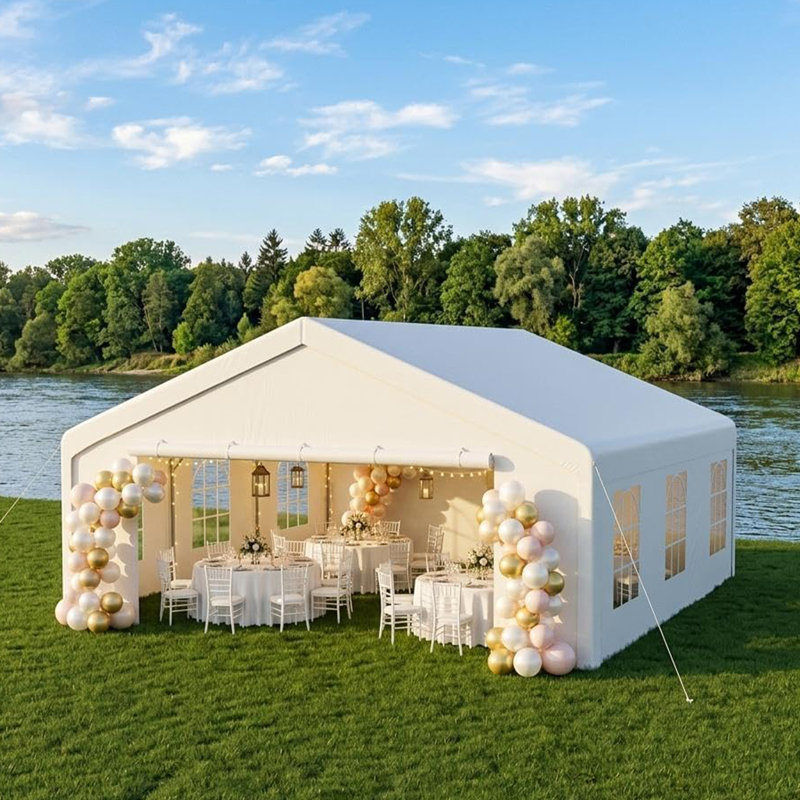 Auvent extérieur 20 x 20 pi, structure en acier galvanisé, toit en PE imperméable, portes grillagées et enroulables, parois latérales amovibles avec fenêtres