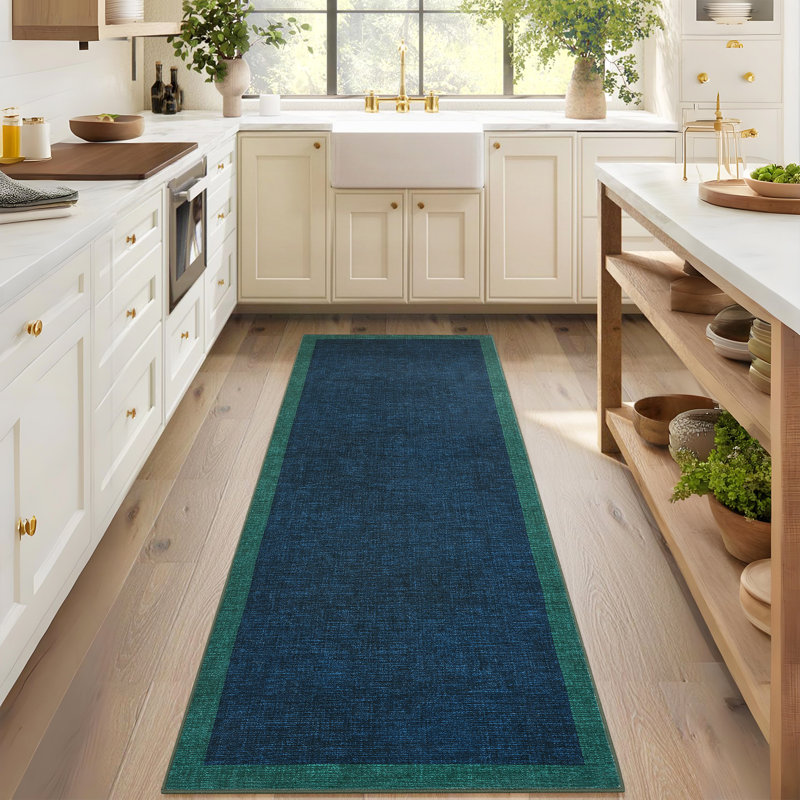Bordered Machine Washable Rug with Rubber Backing Non Slip Soft Non Shedding Low Pile Thin Foldable Indoor Carpet, Teal