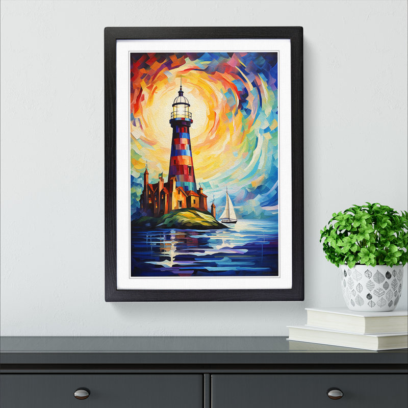 Lighthouse Abstract Art - Framed Print, 64cm H x 46cm W x 2cm D, Black Framed