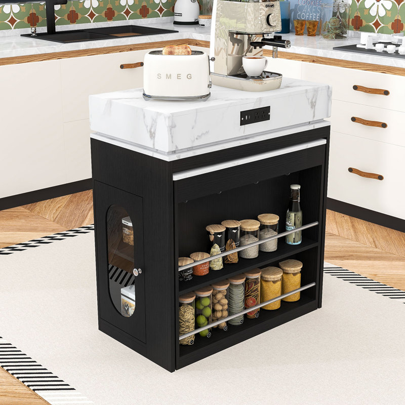 Îlot de cuisine multifonctionnel avec roulettes, rangement caché et station de charge intégrée, Noir