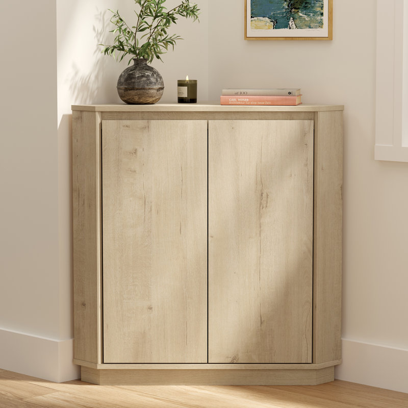 Modern Handless Corner Floor Cabinet With 2 Doors & Adjustable Shelves, Light Oak