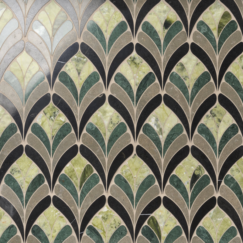 Konwalia 14x15 Floral Polished Marble Mosaic Tile, Verde Green
