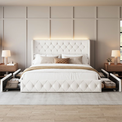 Bed Frame With Storage Drawers And Tufted Headboard Velvet Upholstered Platform, Led Light Wingback