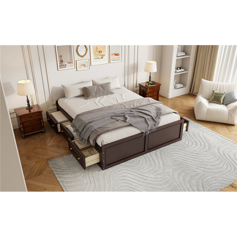 Structure de lit plateforme en bois grand format avec 6 tiroirs, espresso