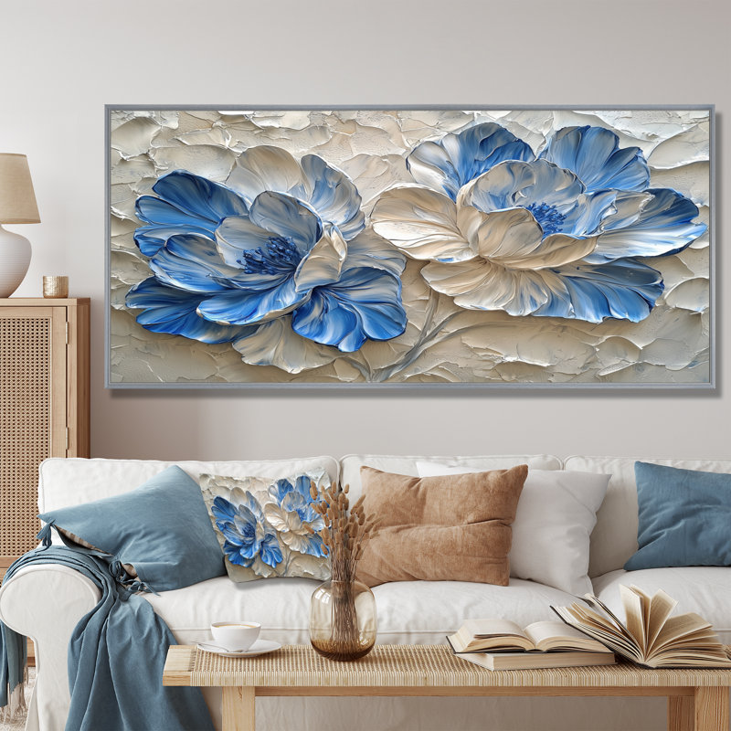 Ilza - Floral Canvas Wall Decor, Argent argent, H 28 po x l 60 po, Impression encadrée flottante