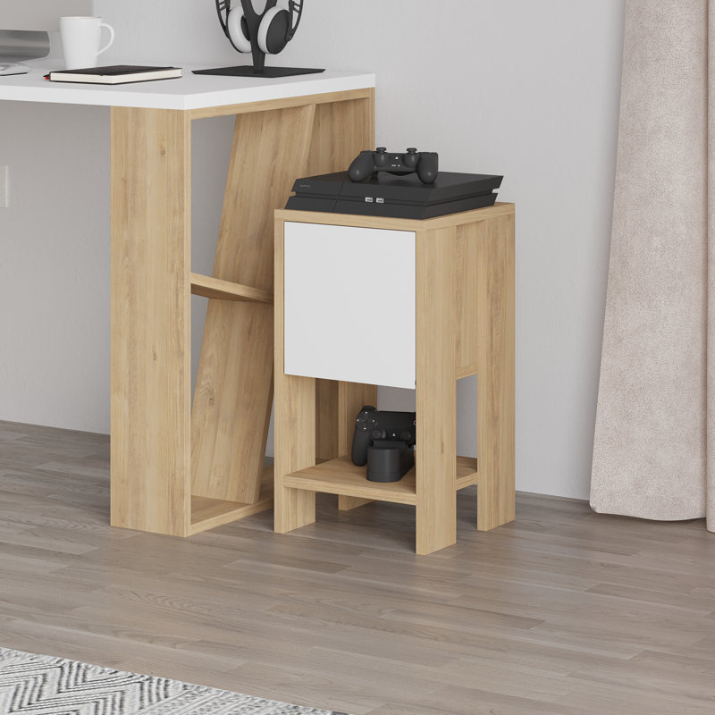 Atharv Bedside Table with Drop-Door Storage and Open Shelf for Versatile Living, Oak/White