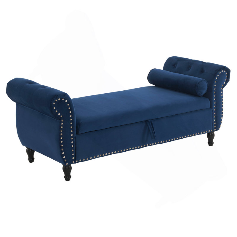 Banc repose-pieds rectangulaire en velours avec rangement et 1 coussin décoratif, Bleu marine antique