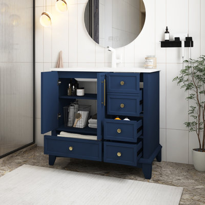 Modern Solid Wood Bathroom Vanity Sink Combo With Painted Surface, Freestanding Bathroom Vanity Sink With Storage, High-End Restroom Vanity Cabinet With Drawers & Metal Handles,Blue