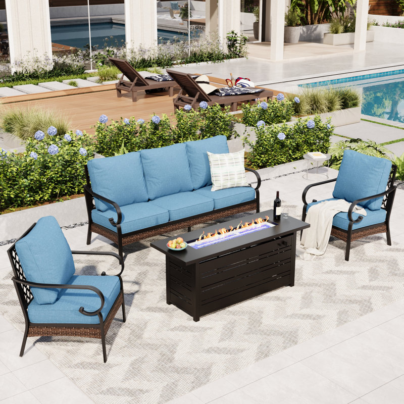 Ensembles de conversation pour patio 5 personnes avec foyer, Blanc / gris / brun