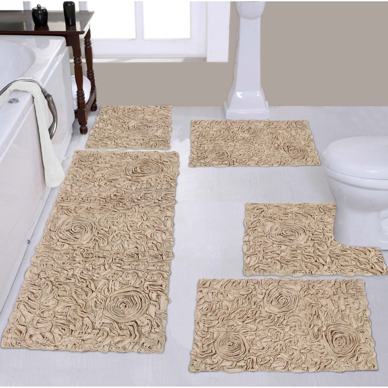 Tapis pour salle de bain 100% coton avec revers en latex Bell Flower Collection (ensemble de 5), Lin