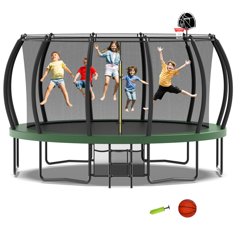 Sapphome Round Backyard Trampoline with Safety Enclosure, Green/Black