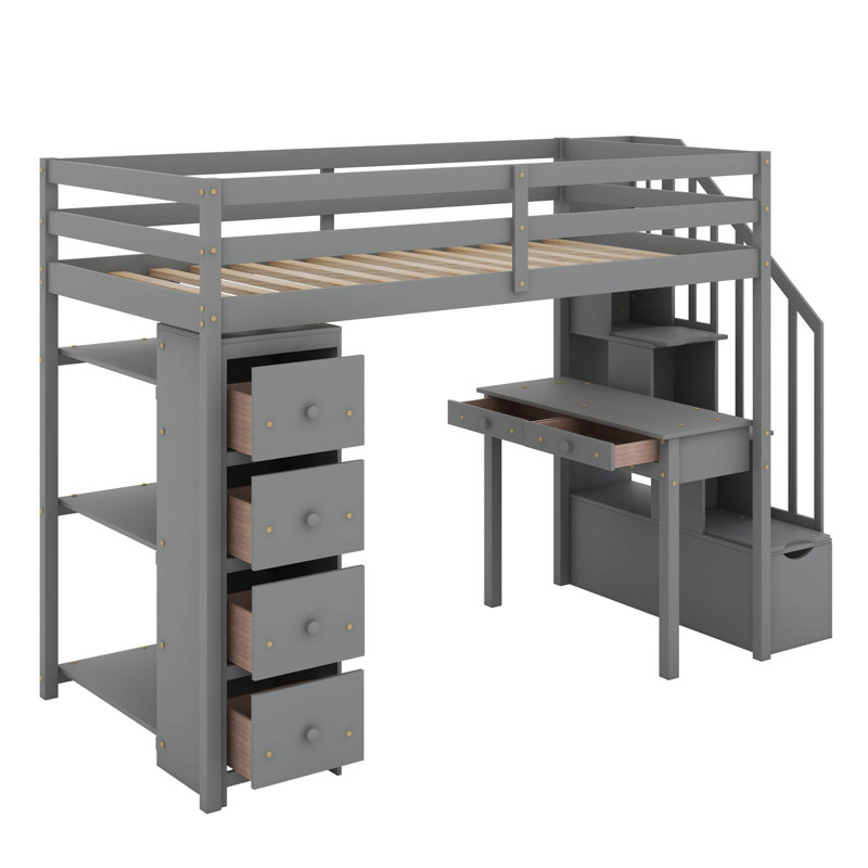Twin Loft Bed With Drawers,Desk And Stairs, Gray