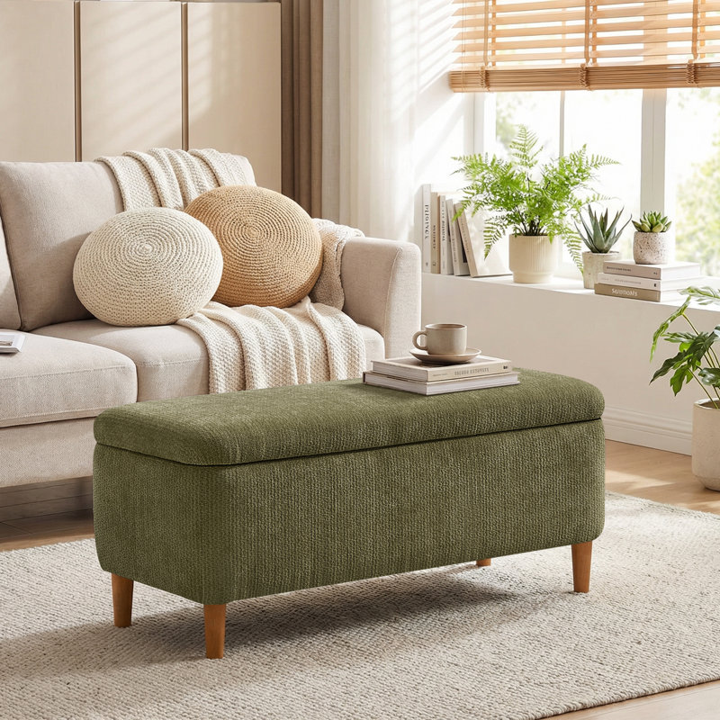 39.4"W Polyester Upholstered Storage Bench, Green