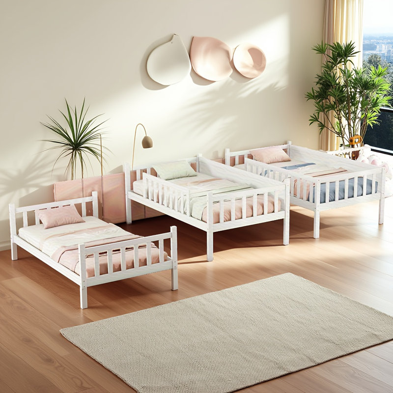 Lit superposé simple en bois d'hévéa simple - Simple au-dessus de simple au-dessus d'un lit simple avec échelles et garde-corps, conception détachable (se divise en 3 lits simples), bois d'hévéa robuste et facile à assembler pour les chambres d'enfants / invités