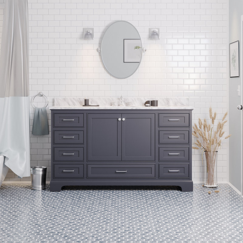 Ensemble de meuble-lavabo simple 60 po Larosa, Gris marine, Marbre de Carrare