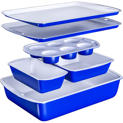 Ensemble de plaques de cuisson 6 pièces Bakken - Plat de cuisson en acier au carbone bleu royal avec revêtement antiadhésif en céramique grise, allant au four à 450 ° F, sans PFOA