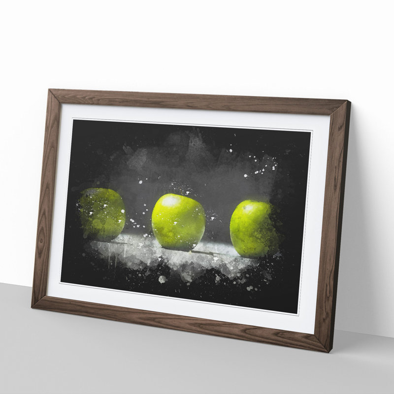 Row of Green Apples Paint Splash - Picture Frame Graphic Art, 27cm H x 36cm W x 2cm D, Walnut Framed