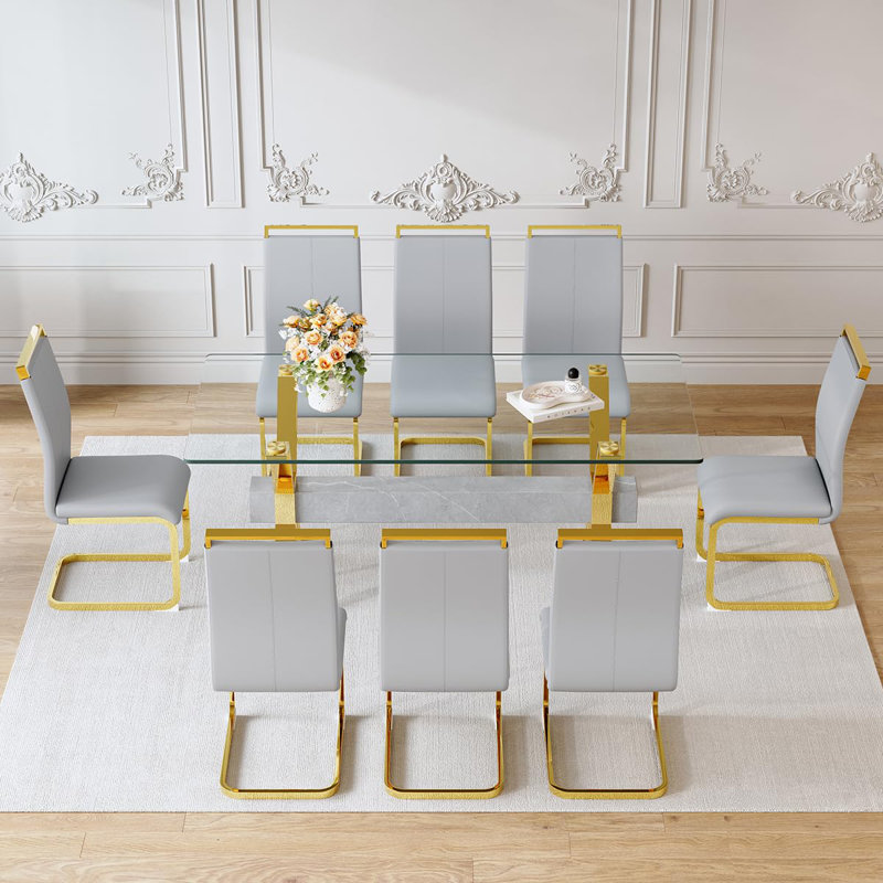Table de salle à manger 71 "en verre pour 6 personnes, table de salle à manger moderne pour 6 personnes avec chaises en similicuir